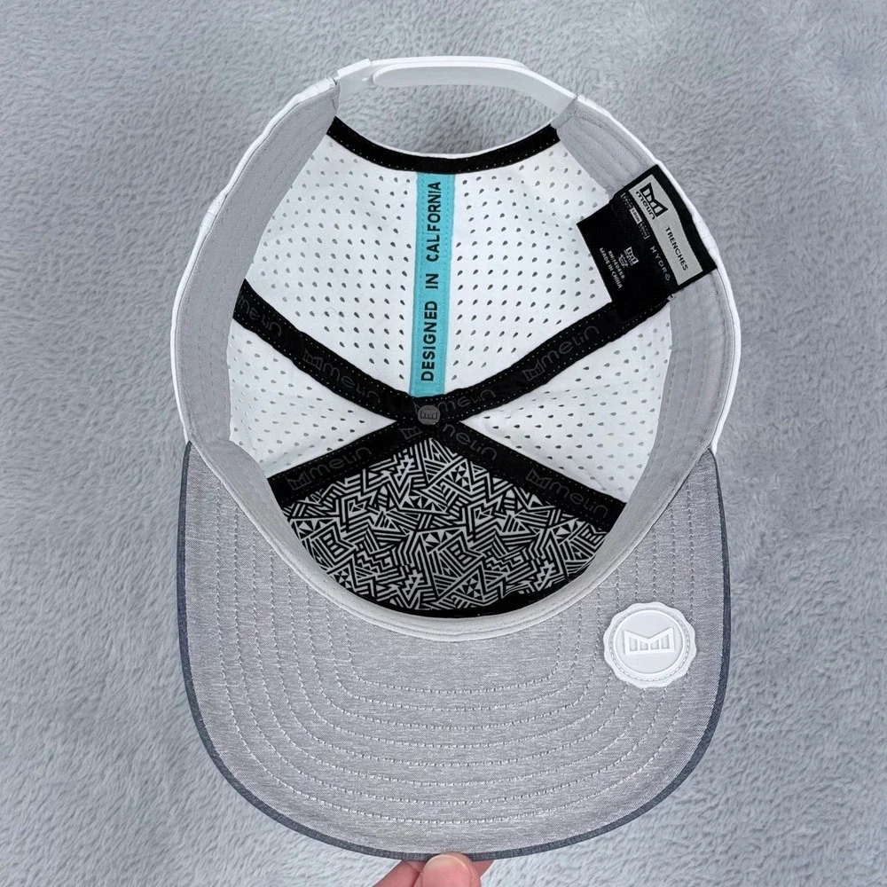 Melin Trenches Hydro Hat Mens 58cm Grey White Water Resistant Snapback Cap Golf